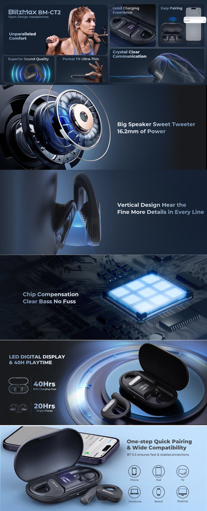 Open Ear Headphones, True Wireless Air Conduction Earbuds with Microphone, Sweat Resistant Sports Headphones for Sports, Office, Bluetooth 5.3 Earphones