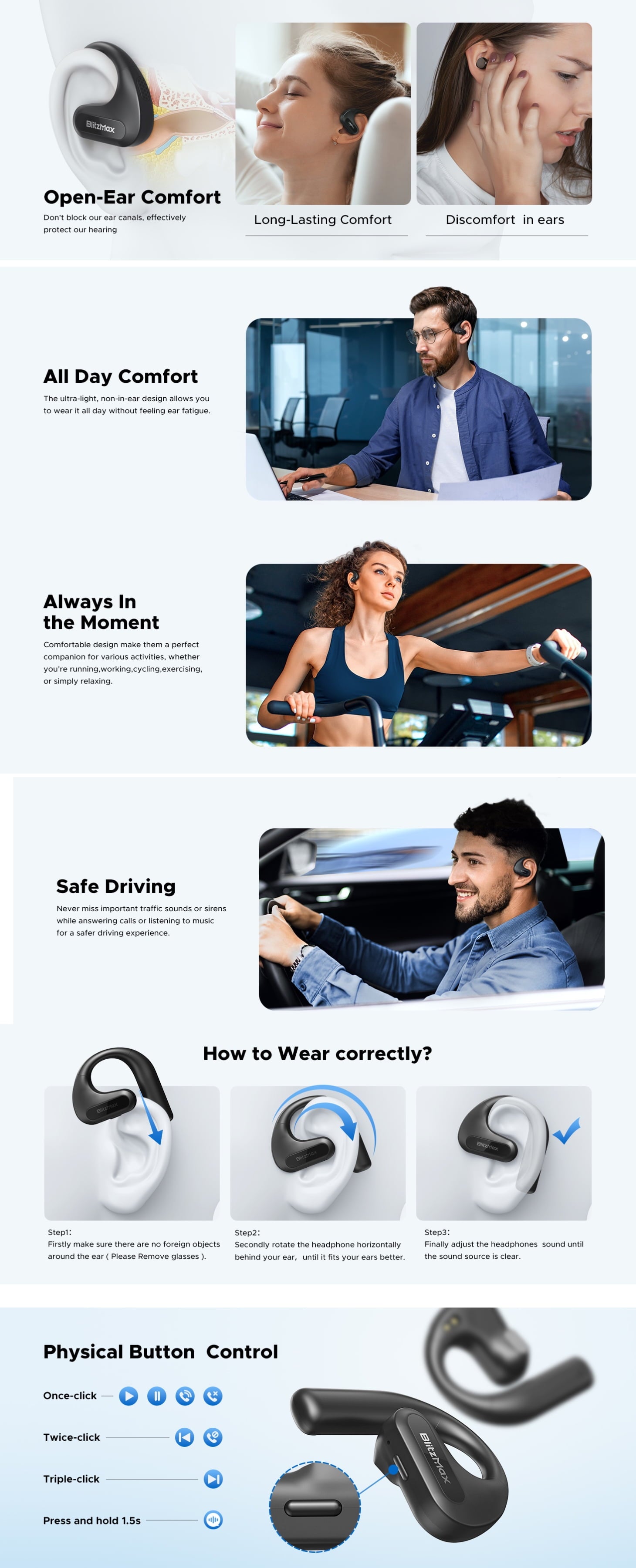Open Ear Headphones, True Wireless Air Conduction Earbuds with Microphone, Sweat Resistant Sports Headphones for Sports, Office, Bluetooth 5.3 Earphones