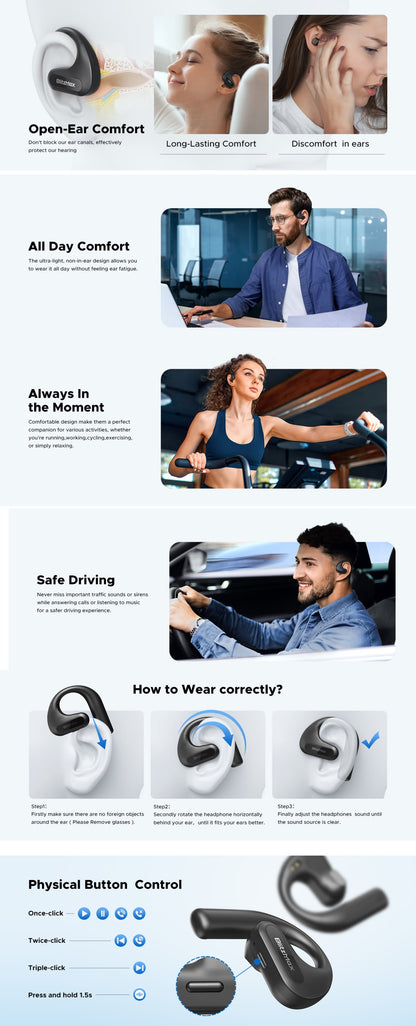 Open Ear Headphones, True Wireless Air Conduction Earbuds with Microphone, Sweat Resistant Sports Headphones for Sports, Office, Bluetooth 5.3 Earphones