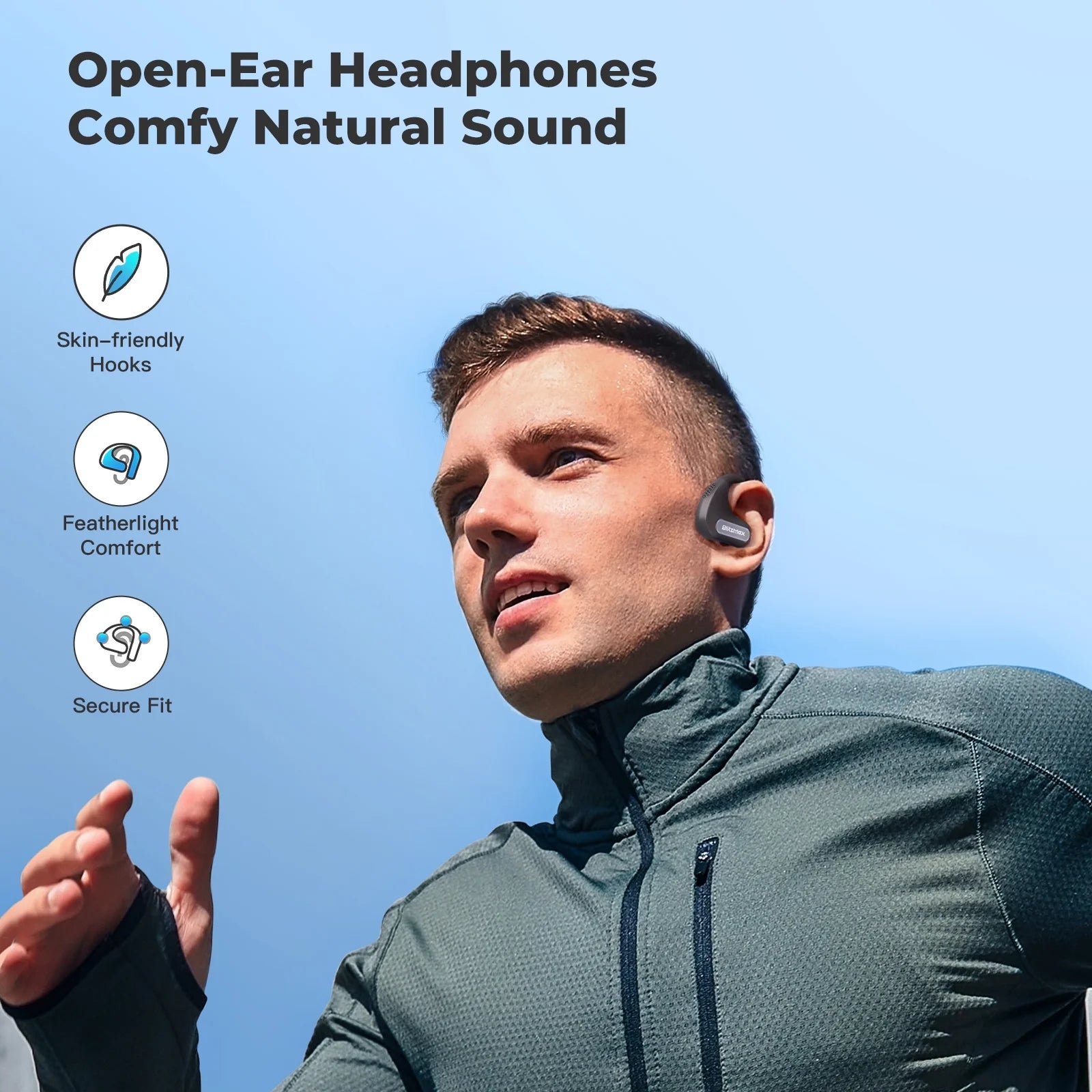 Open Ear Headphones, True Wireless Air Conduction Earbuds with Microphone, Sweat Resistant Sports Headphones for Sports, Office, Bluetooth 5.3 Earphones